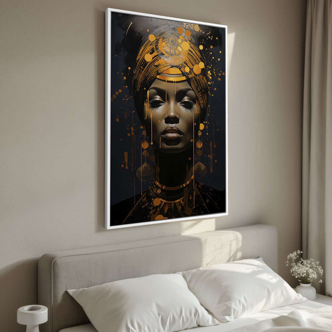 Framed Wall Art featuring a striking portrait of a woman with a gold and black color palette. Perfect for adding an elegant touch to any bedroom or living space.