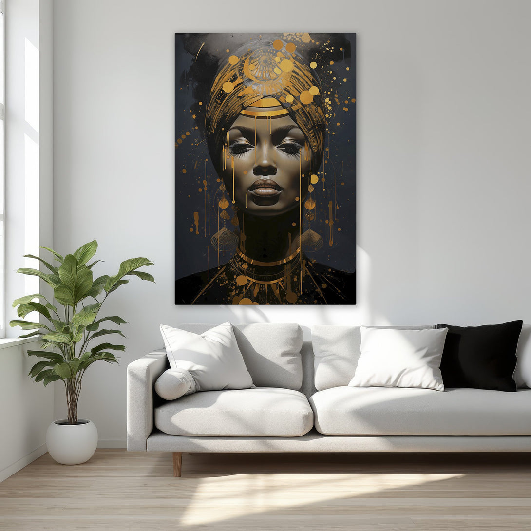 Framed Wall Art featuring an elegant Black woman portrait with gold accents. Modern art in a bedroom setting. Dark, gold, and neutral color palette.