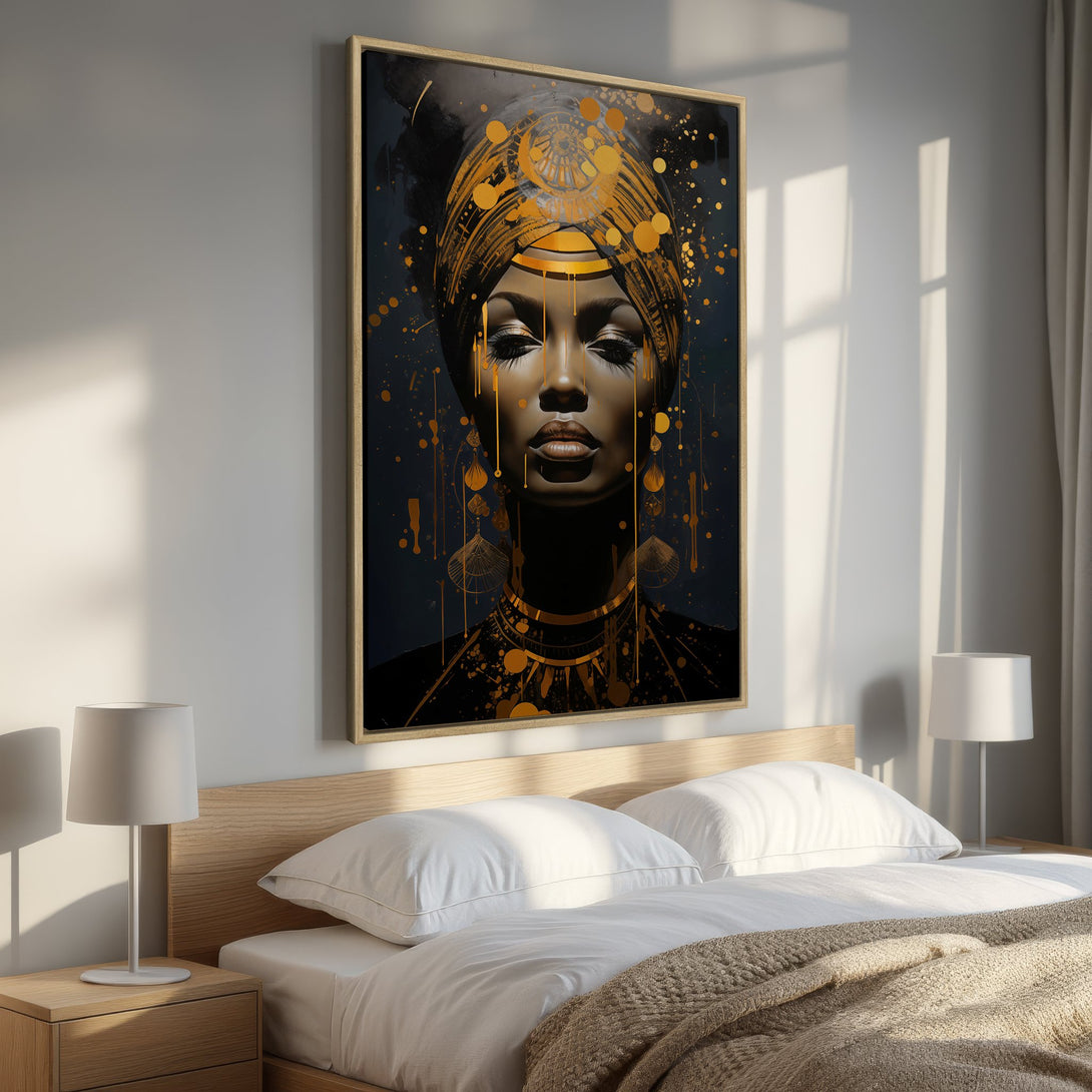 Framed Wall Art: Stunning portrait of a woman in gold and black, perfect for bedroom decor. Modern art with a luxurious, artistic feel.