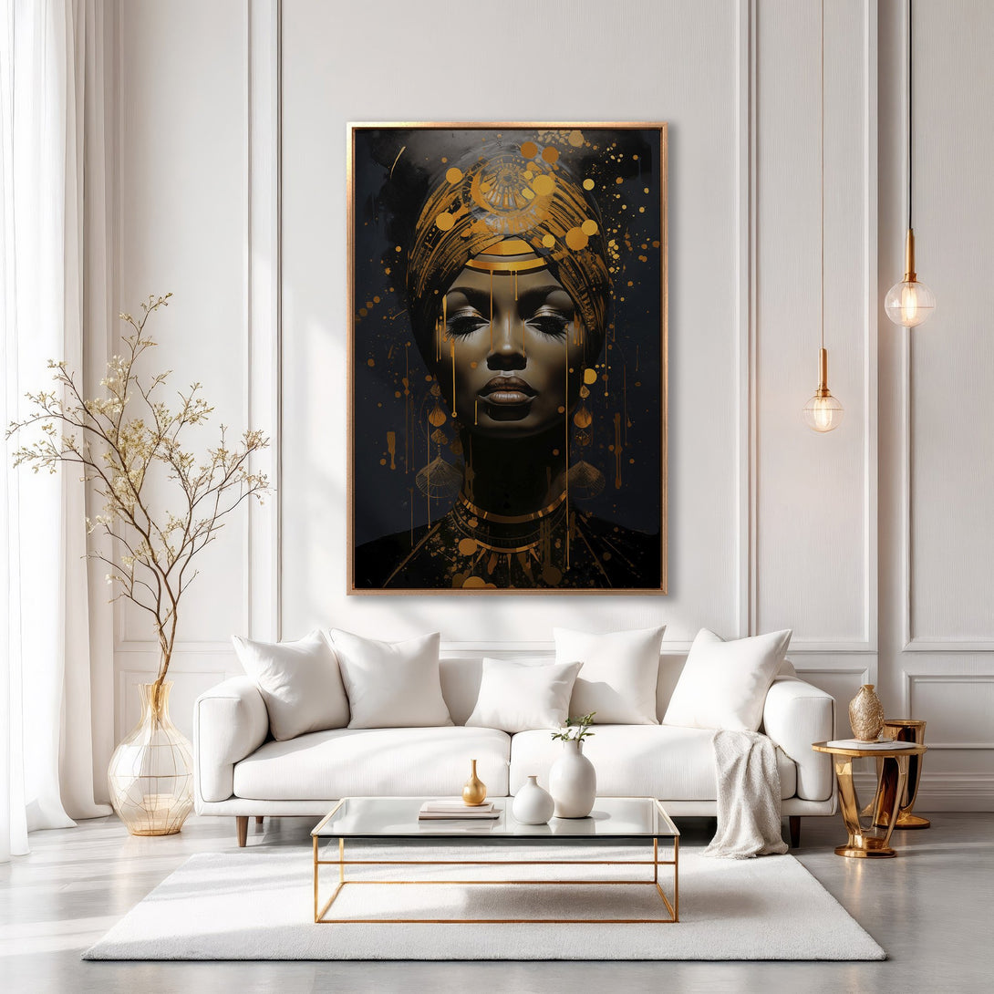Framed Wall Art featuring a striking portrait of a woman. Modern art style with a black, gold, and white color palette, perfect for interior decor.