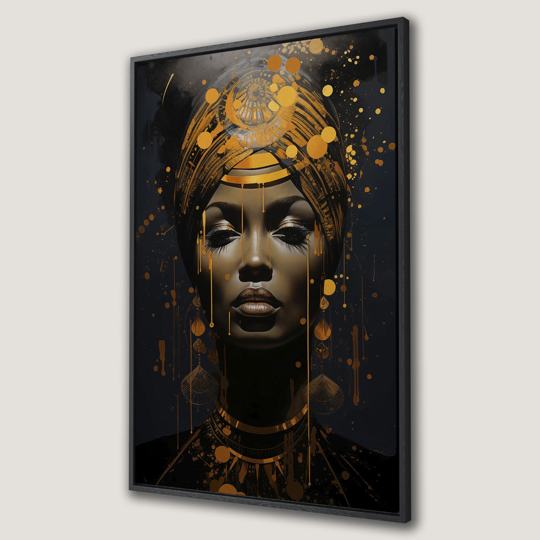 Framed Wall Art featuring an elegant Black woman portrait in abstract style with gold accents on a dark background. Perfect for adding a touch of luxury.