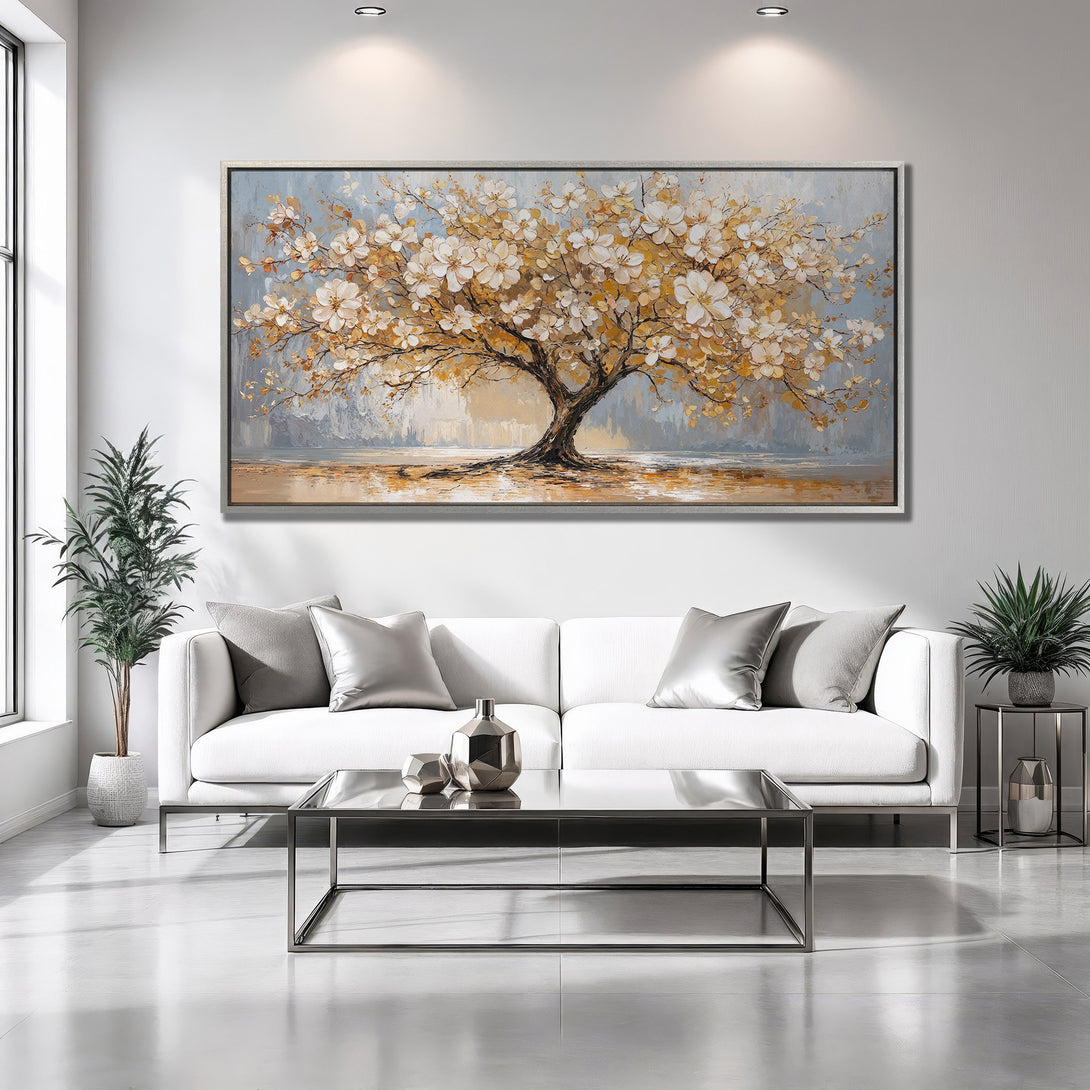 Framed Wall Art: Abstract tree painting in warm gold and blue tones. Modern art for living room decor.