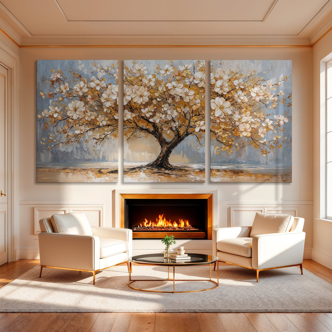 Canvas Print of a blossoming tree in a modern living room. Soft, neutral color palette. Perfect for adding elegance to your space.