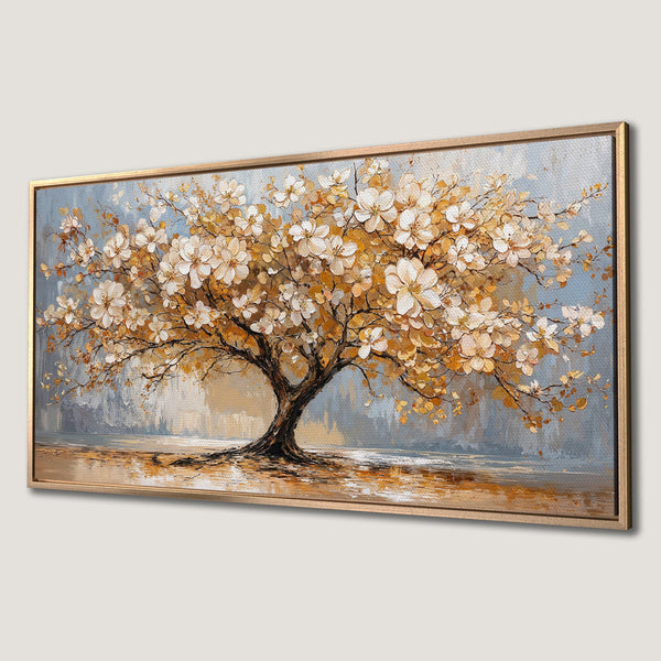 Framed Wall Art: Stunning oil painting of a flowering tree in warm gold and white hues against a serene blue backdrop. Perfect for adding elegance to any space.