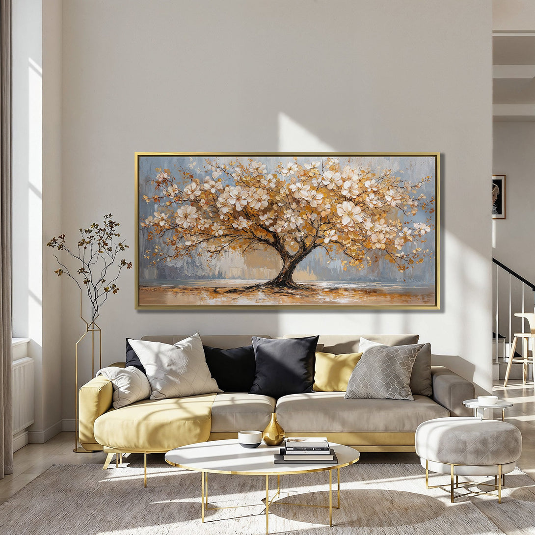 Canvas Print of a blossoming tree in warm tones. Adds a touch of nature and elegance to any space. Perfect wall art!