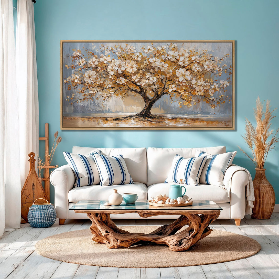 Framed Wall Art: Stunning tree painting in warm gold and white tones. Perfect for adding a touch of nature-inspired elegance to any room.