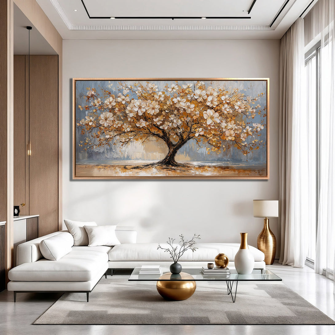 Framed Wall Art: Stunning tree painting in warm gold and white tones. Perfect for modern living rooms. Enhance your space with this beautiful canvas print.