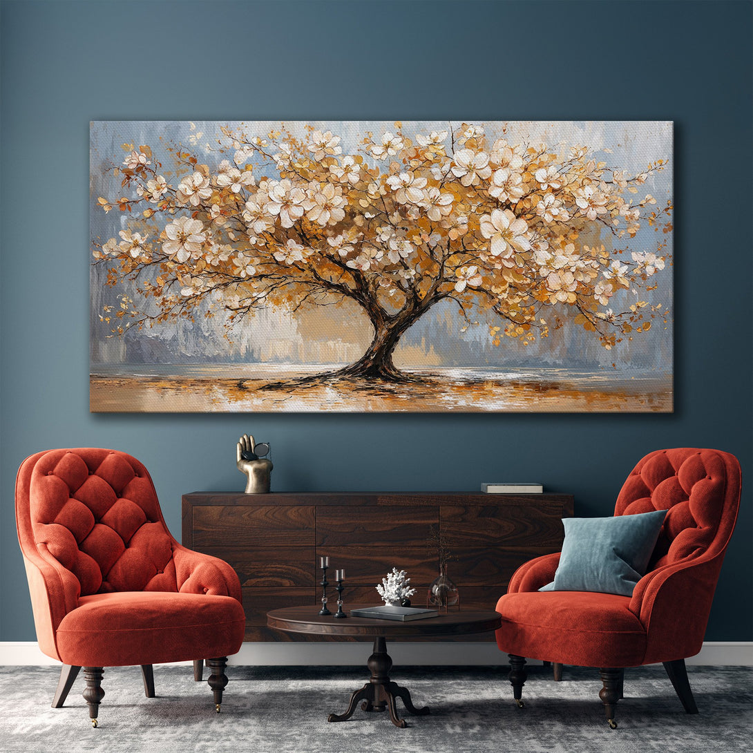 Framed Wall Art: Abstract tree painting in warm gold and blue tones. Perfect for adding a touch of nature and elegance to your living room.