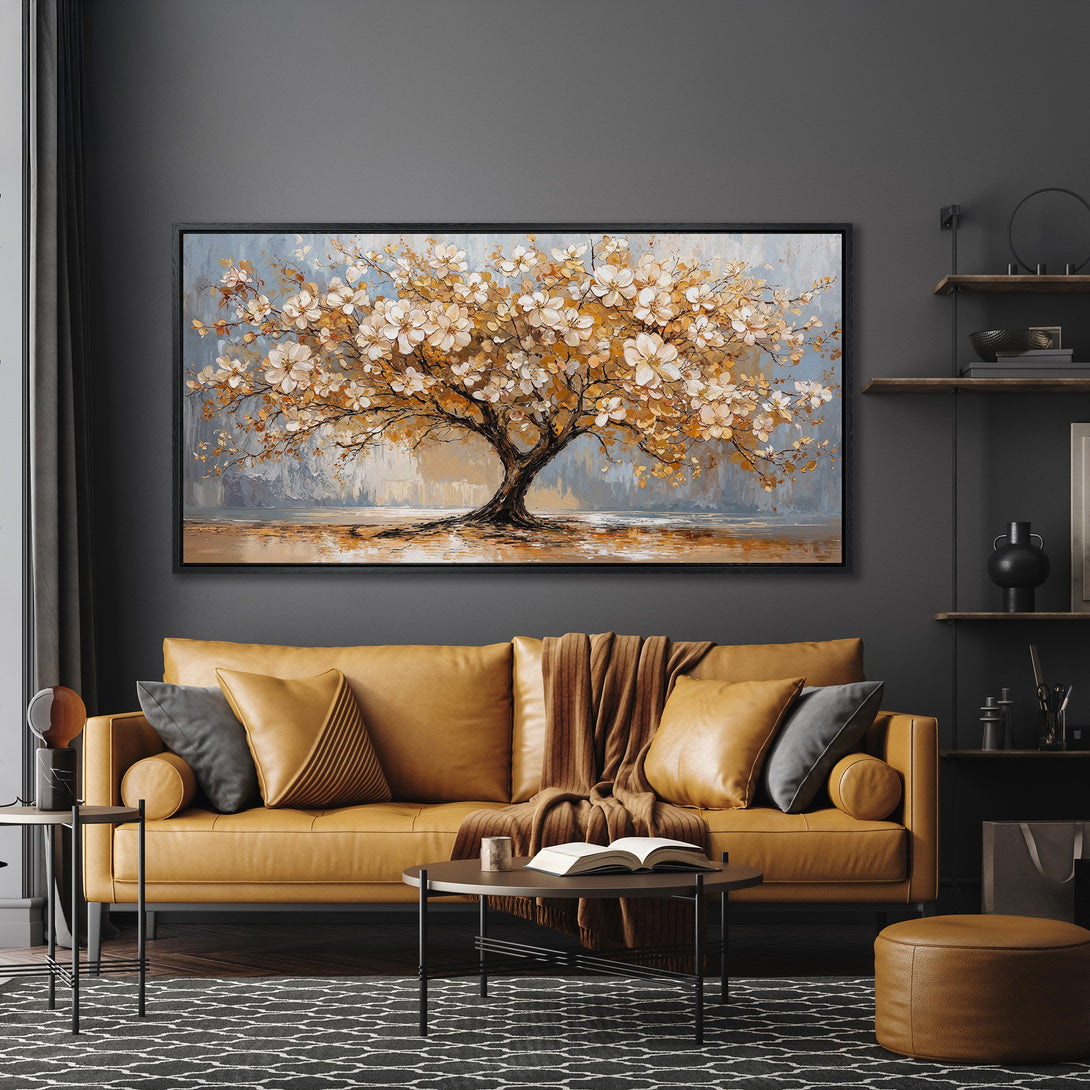 Framed Wall Art: Stunning tree painting in warm orange and white tones. Adds a touch of elegance to any living room. Perfect for modern decor.