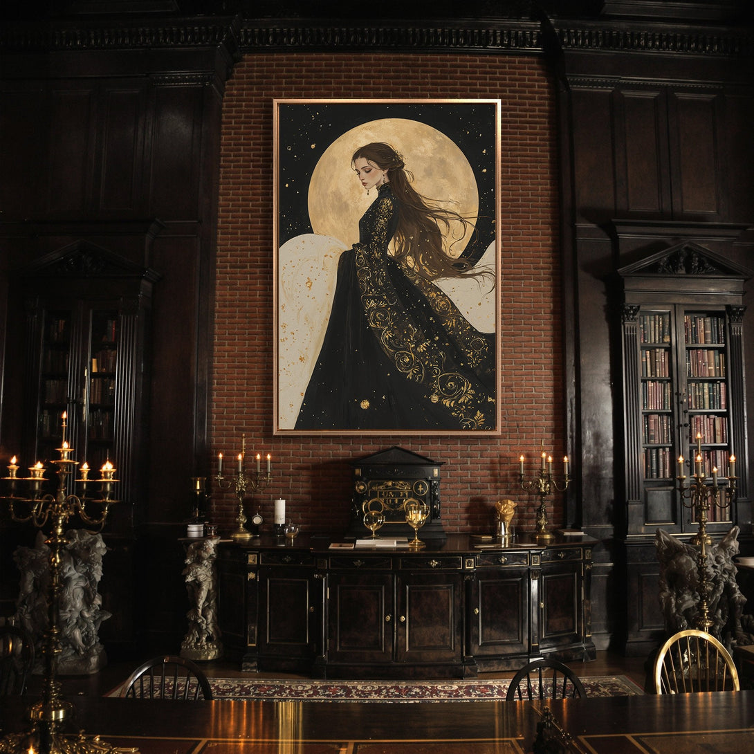 Framed Wall Art featuring a woman in a black and gold gown against a moon backdrop. Dramatic, elegant style with a dark, warm color palette.