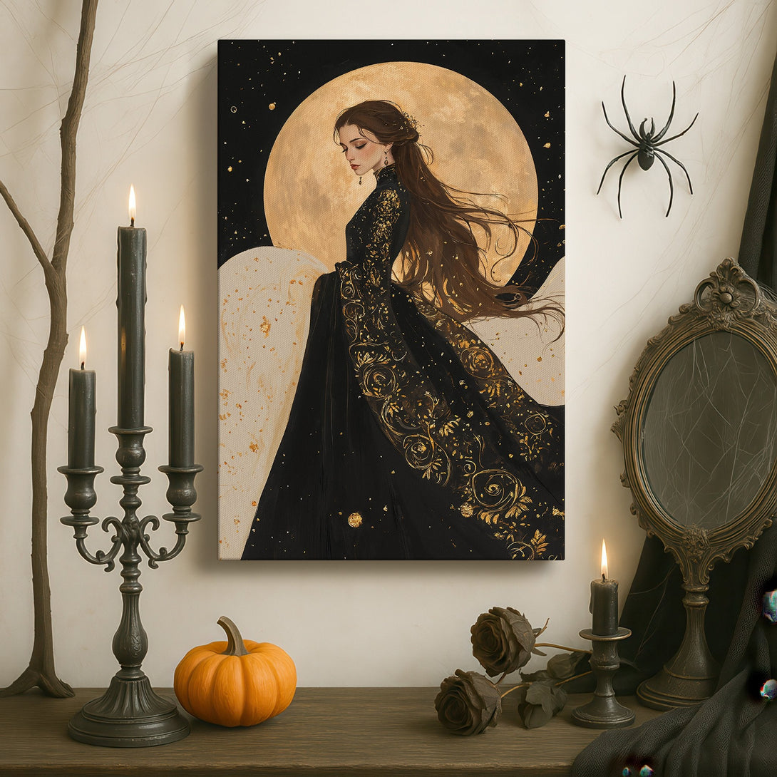 Framed Wall Art: Elegant woman in black and gold dress against a moon backdrop. Dark, moody color palette. Perfect for adding sophistication to your space.