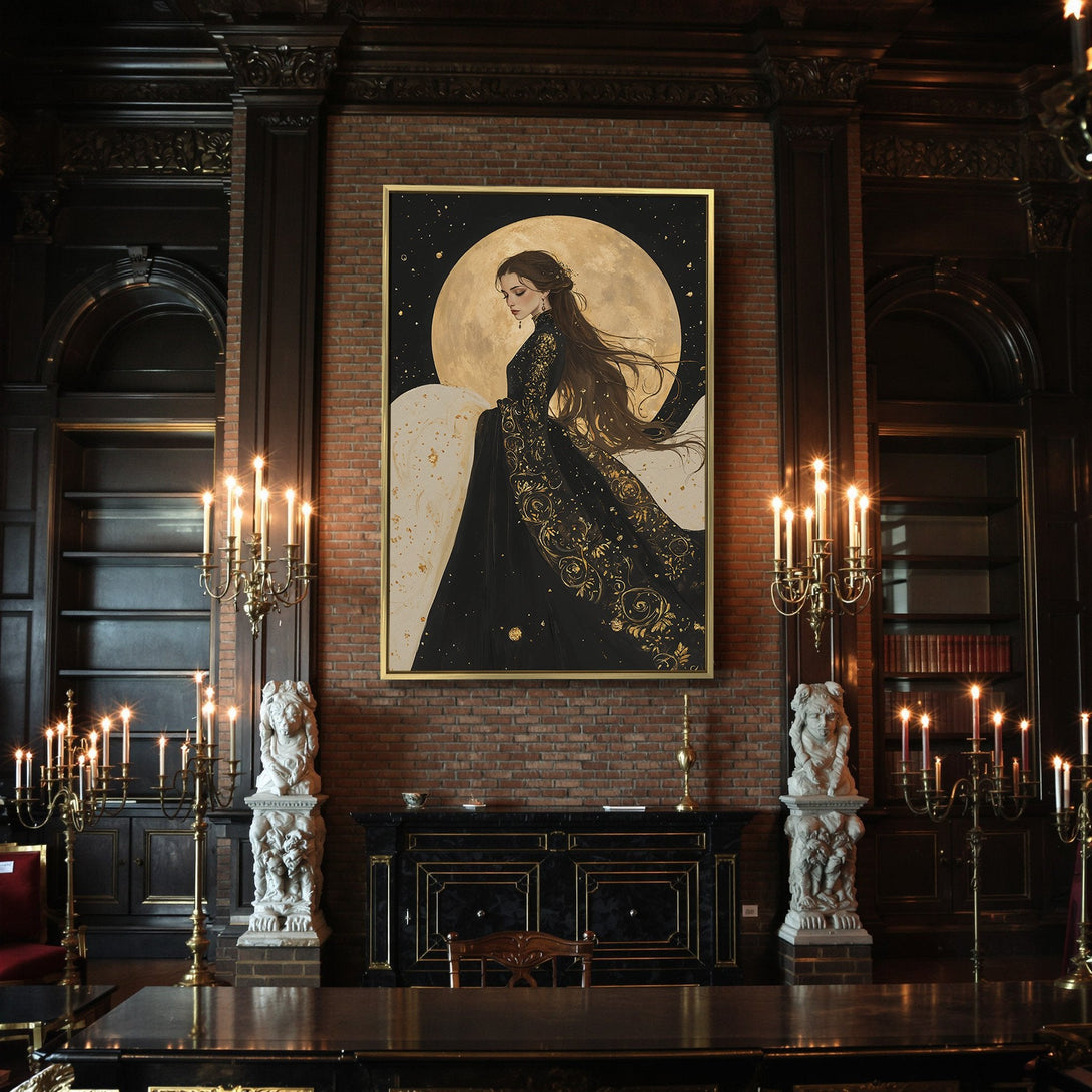 Canvas Print featuring a gothic woman in black and gold, set against a moonlit backdrop. Moody, elegant wall art with a dark, warm color palette.
