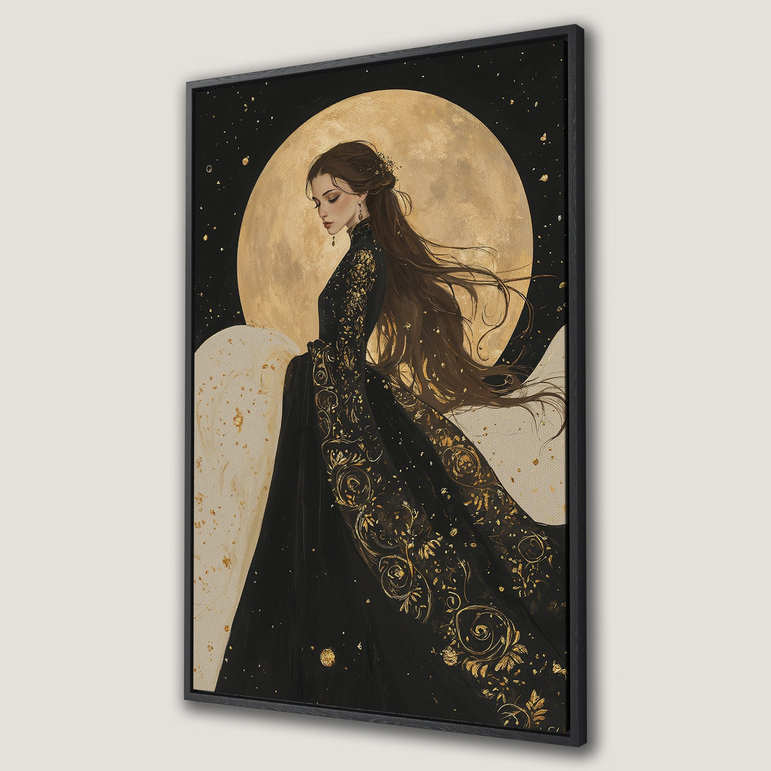 Framed Wall Art featuring a woman in a black and gold dress against a golden moon. Elegant, artistic style with a dark, luxurious color palette. Perfect for home decor.