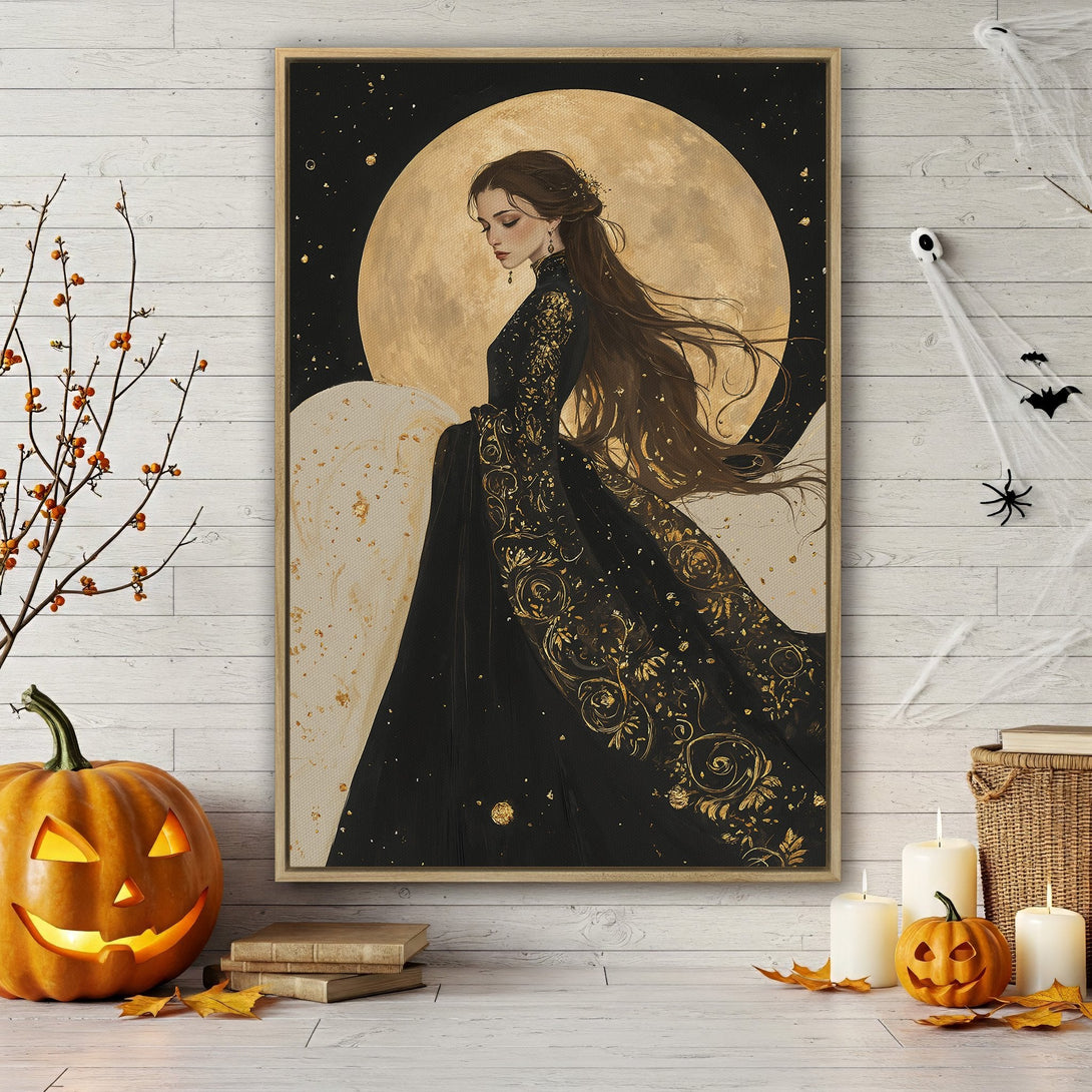 Framed Wall Art featuring a woman in a black and gold dress against a moonlit backdrop. Elegant, gothic style with a black, gold, and beige color palette. Perfect Halloween decor!