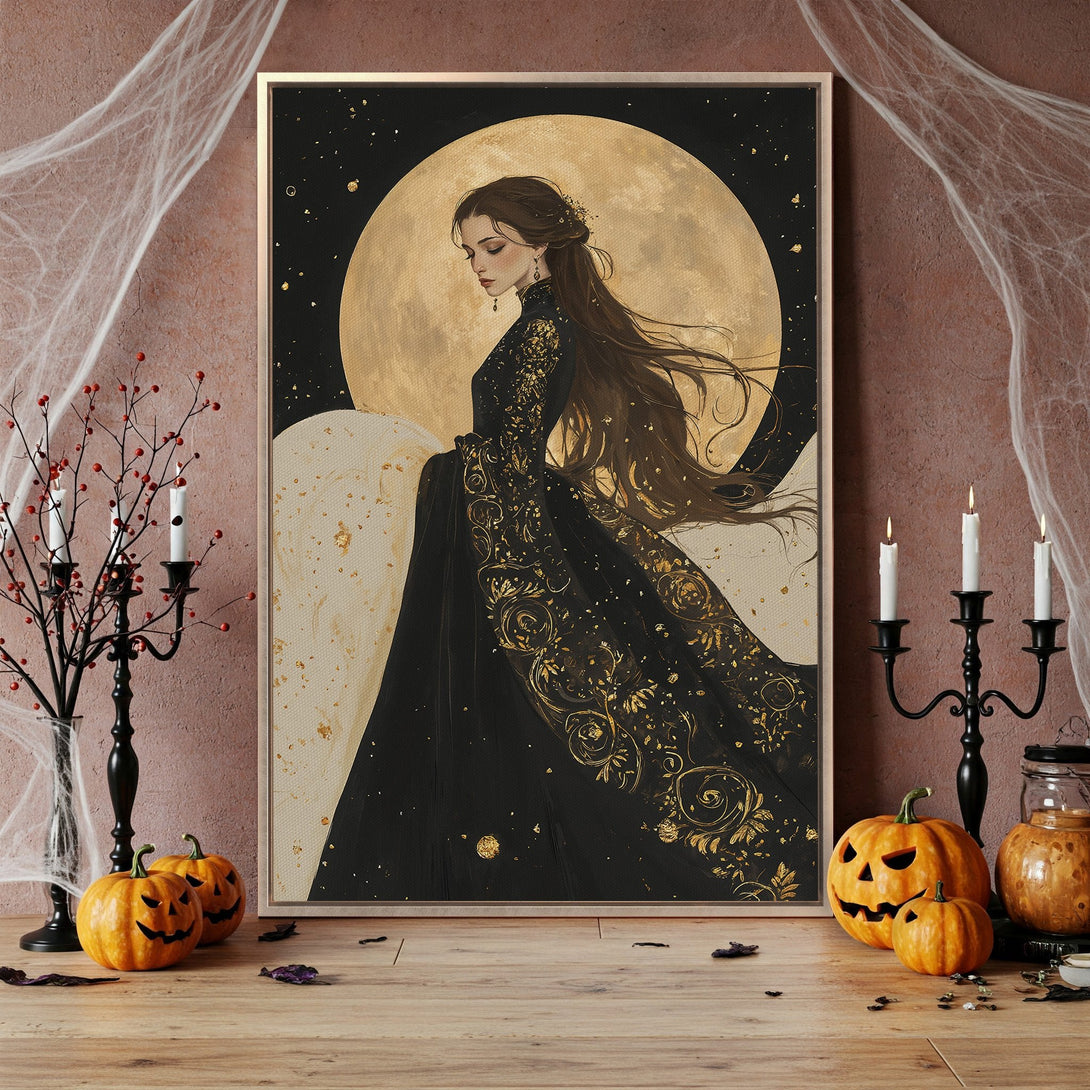 Framed Wall Art featuring a woman in a black and gold dress against a moon backdrop. Perfect for Halloween decor! Elegant, gothic style with a rich, dark color palette.