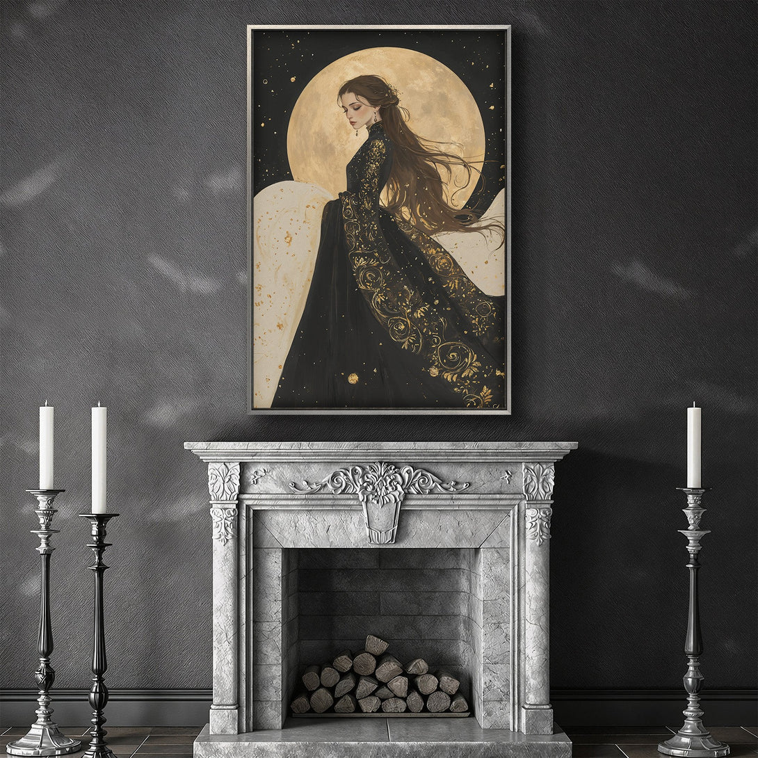 Framed Wall Art featuring a woman in a black and gold dress against a moon backdrop. Dramatic, elegant style with a dark, luxurious color palette.