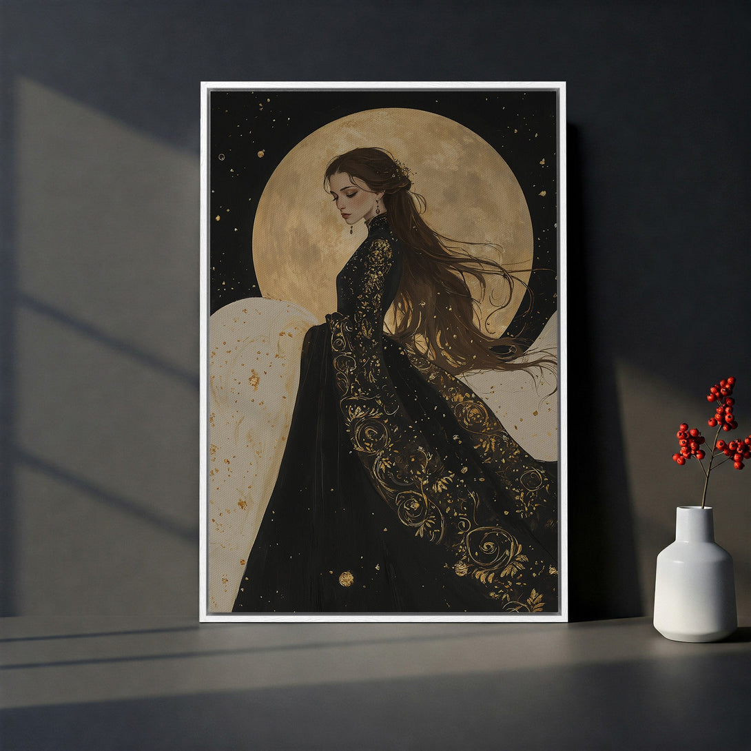 Framed Wall Art featuring a woman in a black and gold dress against a moonlit backdrop. Elegant art print with a sophisticated, dark color palette.