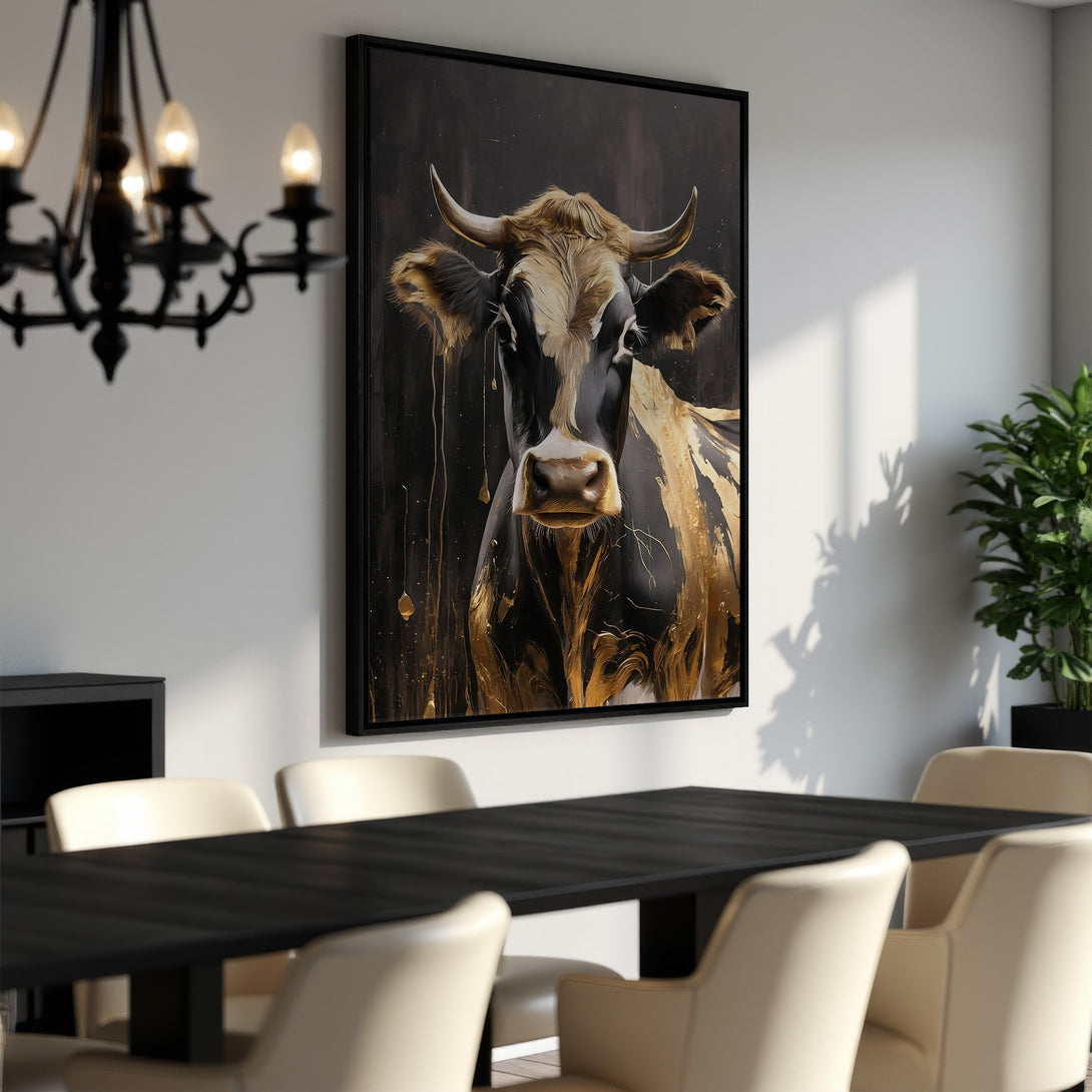 Framed Wall Art: Stunning cow portrait in black and gold. Modern style canvas print adds a touch of luxury to any dining room. Shop now!