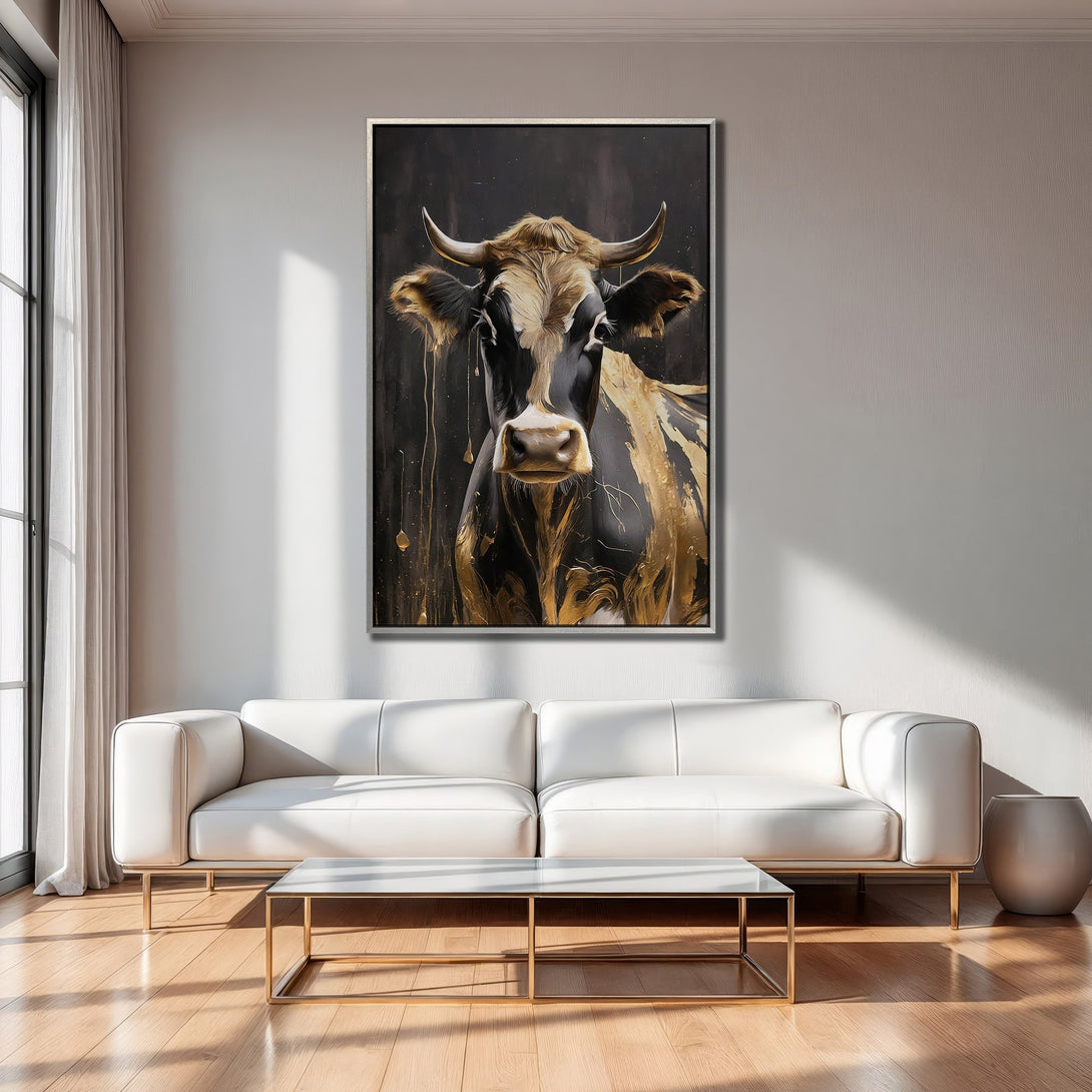 Framed Wall Art: Modern cow portrait in black, gold, and brown tones. Perfect for living room decor. Shop now!