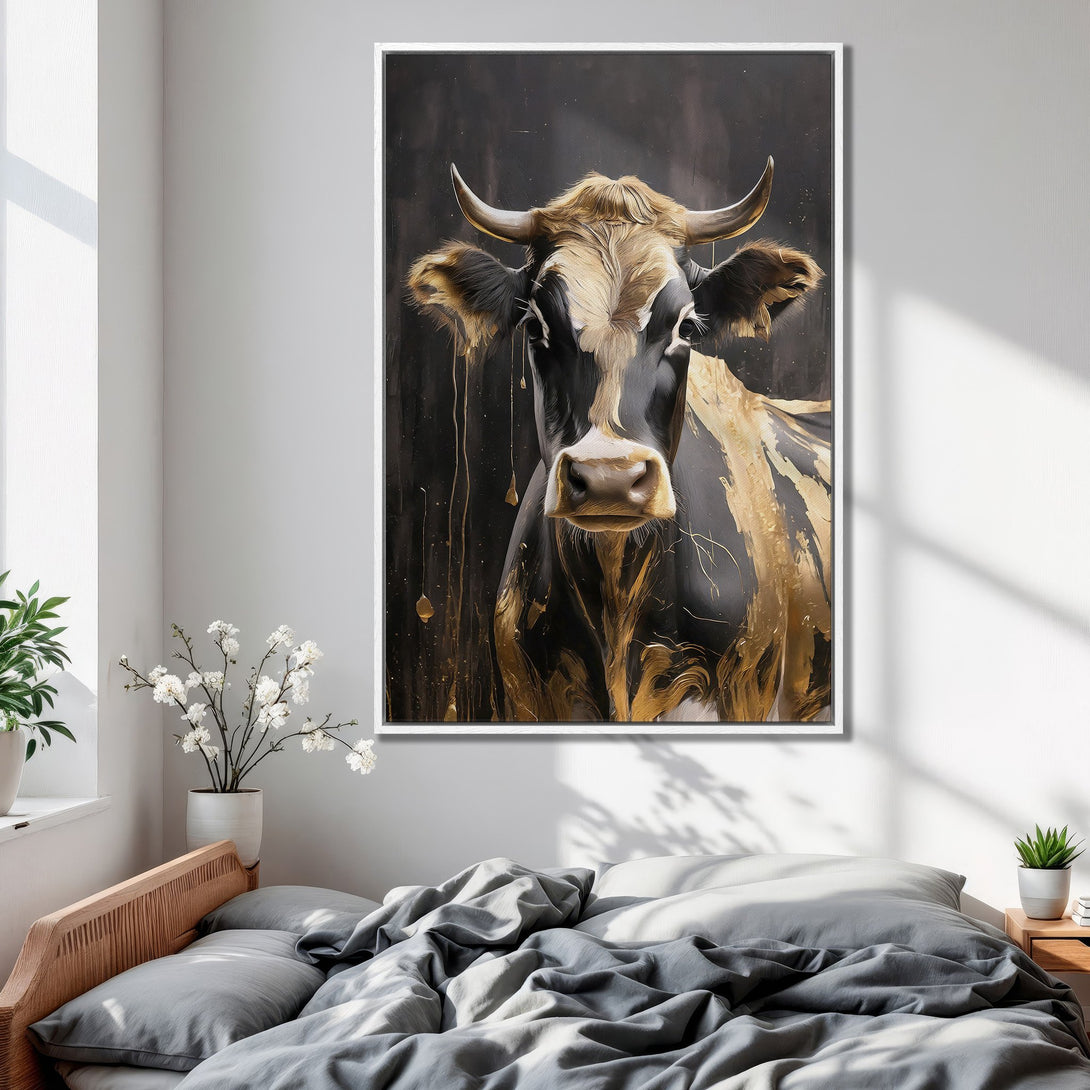 Framed Wall Art: Abstract cow portrait in black, gold, and brown tones. Modern art style, perfect for bedroom decor.