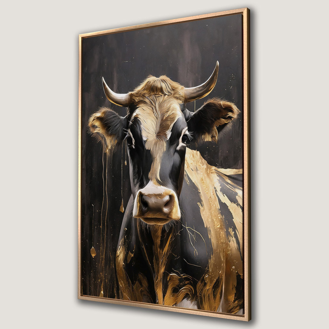 Framed Wall Art: Abstract cow portrait in black, gold, and brown tones. Stylish canvas print for modern farmhouse decor.