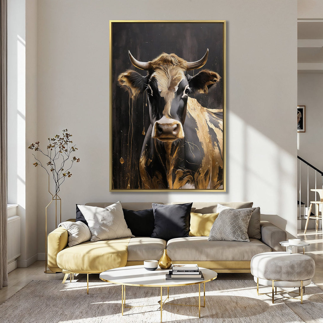 Canvas Print of a cow with gold accents. Modern art style with a black, brown, and gold color palette. Perfect for farmhouse decor.