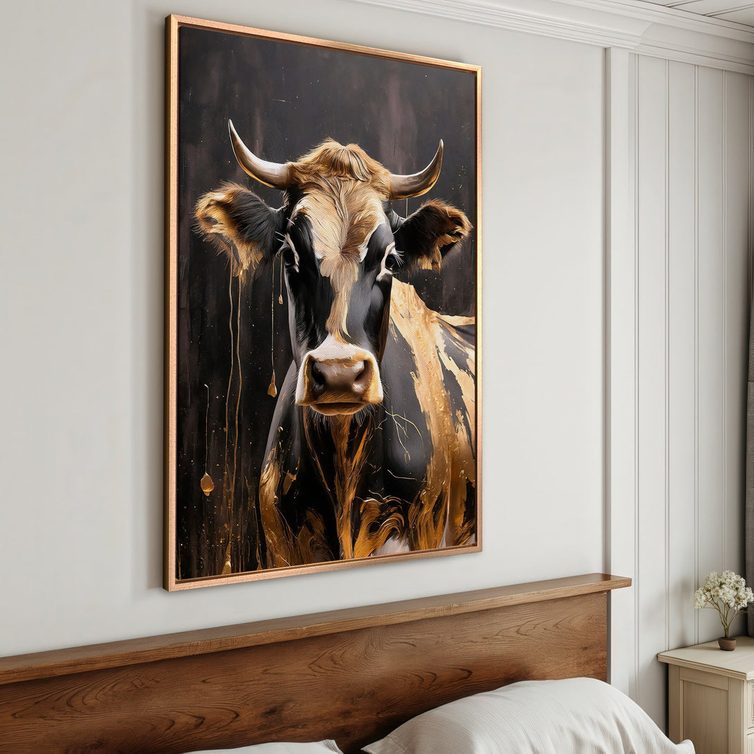 Framed Wall Art featuring a majestic cow in a modern style with a black and gold color palette, perfect for adding a touch of elegance.