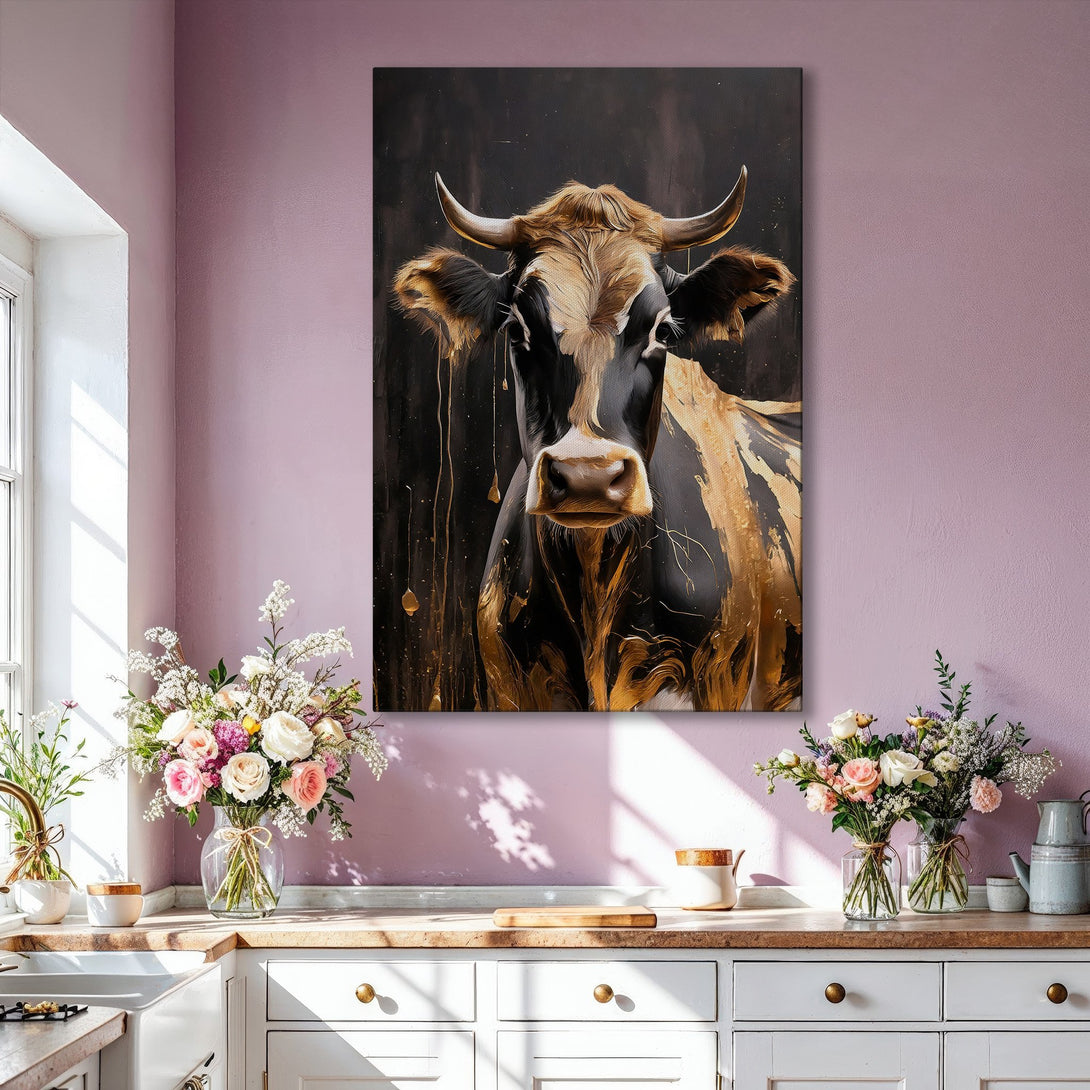 Framed Wall Art: Abstract cow portrait in black, gold, and brown tones. Modern art canvas print adds a touch of luxury to any interior.