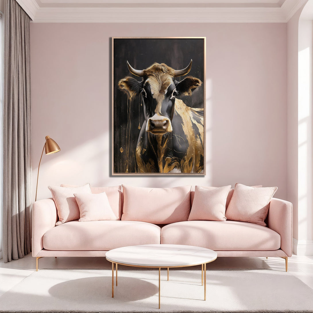 Framed Wall Art: Majestic cow portrait in black, gold, and neutral tones. Modern farmhouse style adds elegance to any room. Shop now!