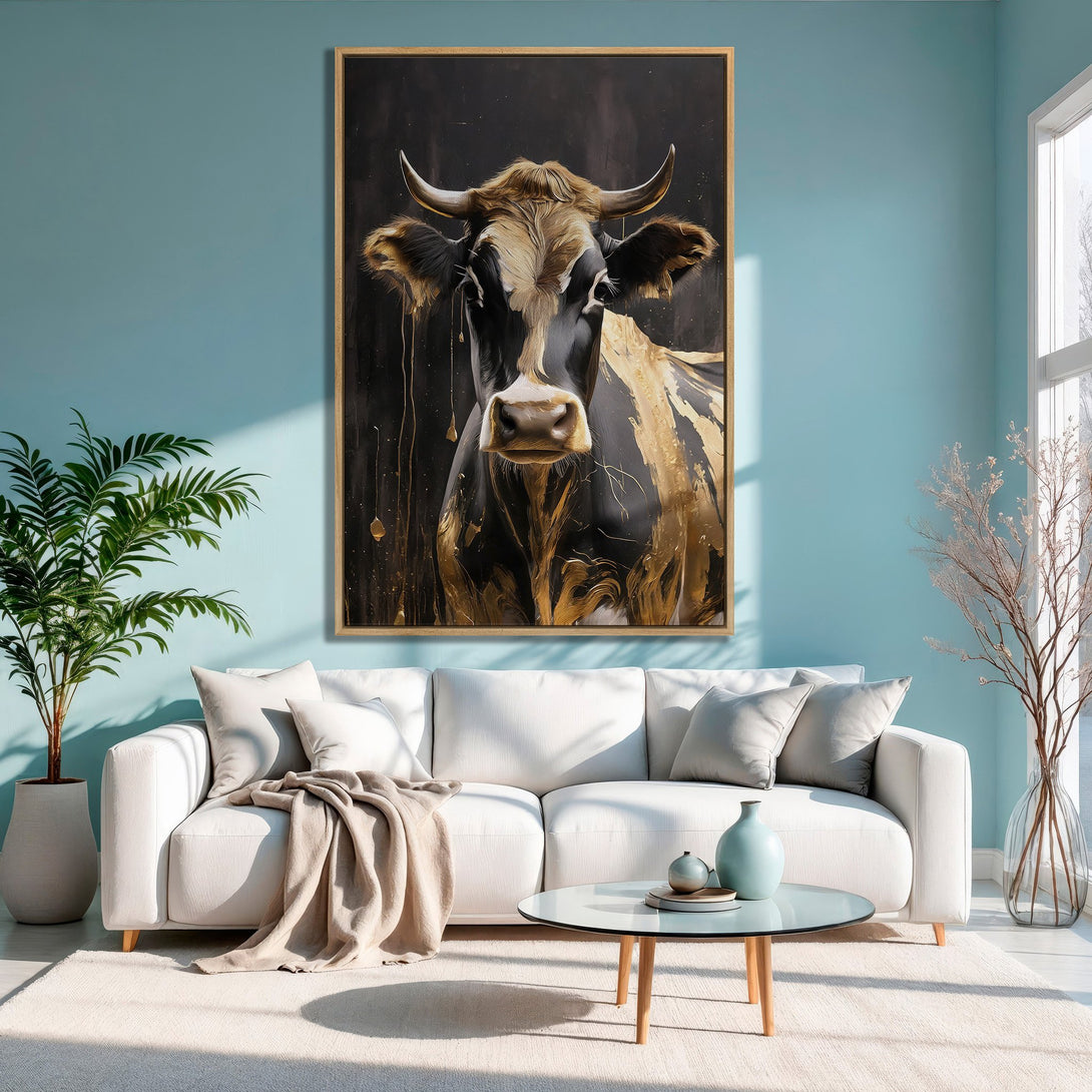 Framed Wall Art: Cow portrait in gold and black, displayed in a modern living room with a teal and neutral color palette. Elevate your space!