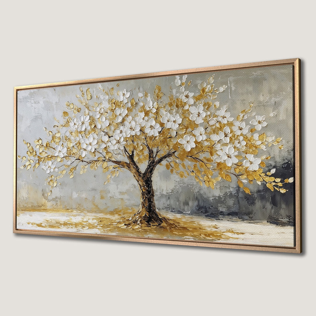 Framed Wall Art featuring a textured tree with white blossoms and gold leaves, perfect for adding elegance to your home decor. Neutral color palette.