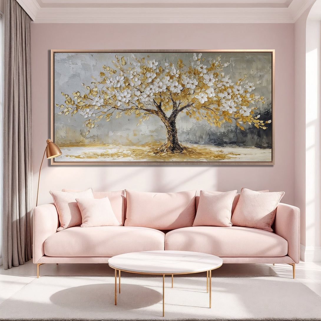 Framed Wall Art: Elegant tree painting in gold and white, displayed in a chic interior with a soft pink color palette. Perfect for home decor.