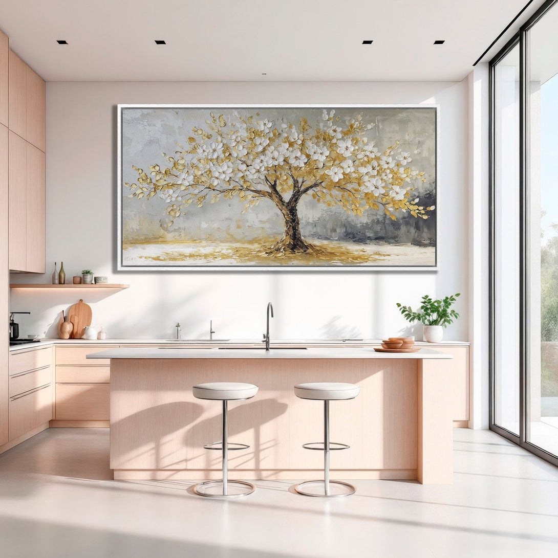 Framed Wall Art: Abstract tree painting in gold, white, and gray. Modern canvas print adds elegance to a kitchen interior. Shop now for stunning wall decor!