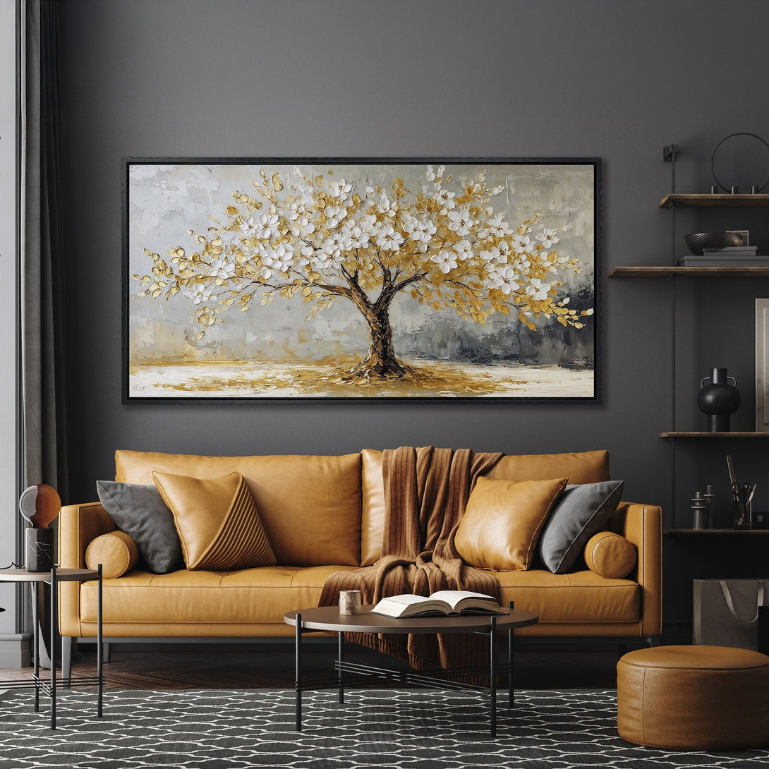 Framed Wall Art: Stunning gold and white tree painting in a modern living room. Neutral color palette with a touch of luxury. Perfect home decor accent.
