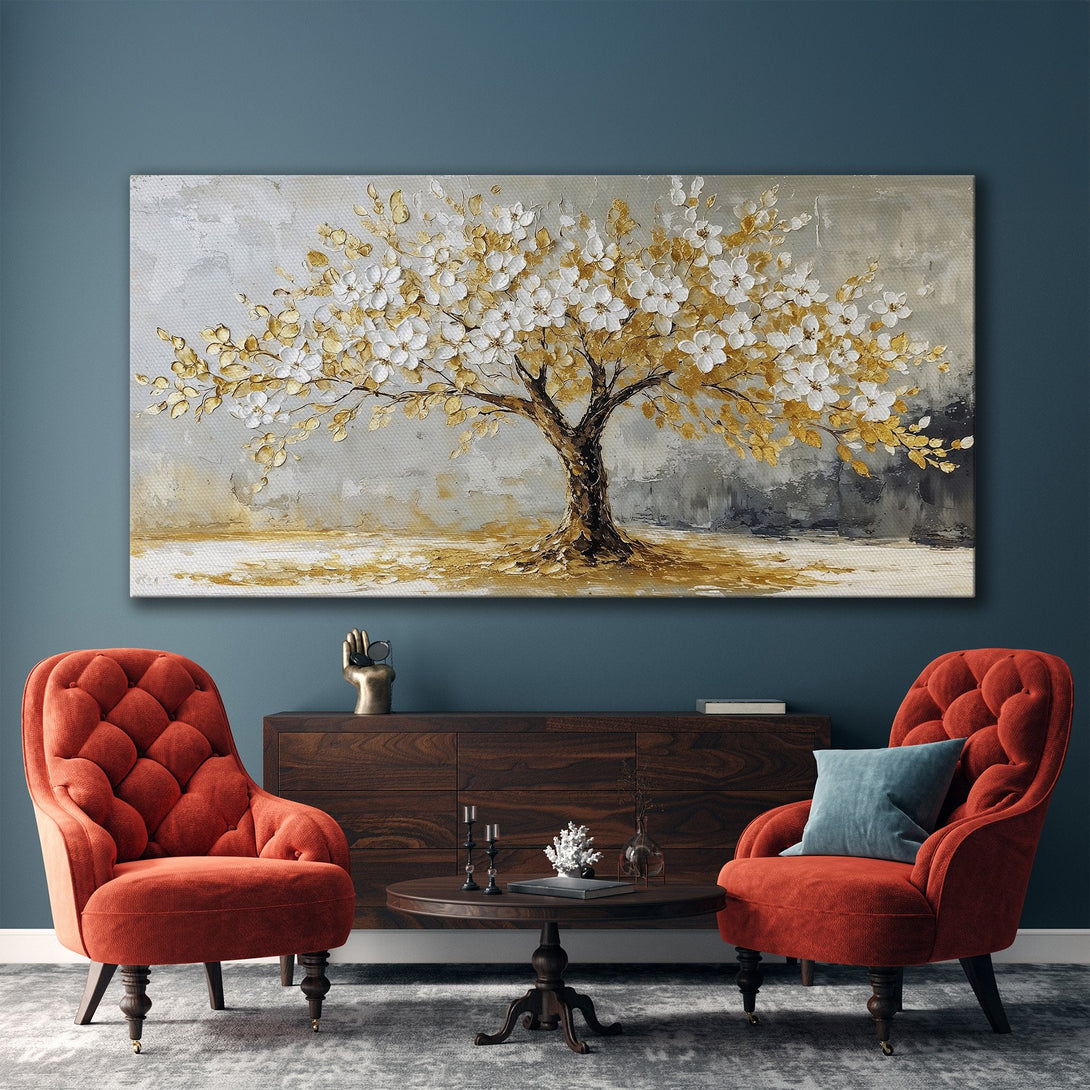 Framed Wall Art: Abstract tree painting with gold & white blossoms. Modern art in a neutral gray and gold palette, perfect for living room decor.