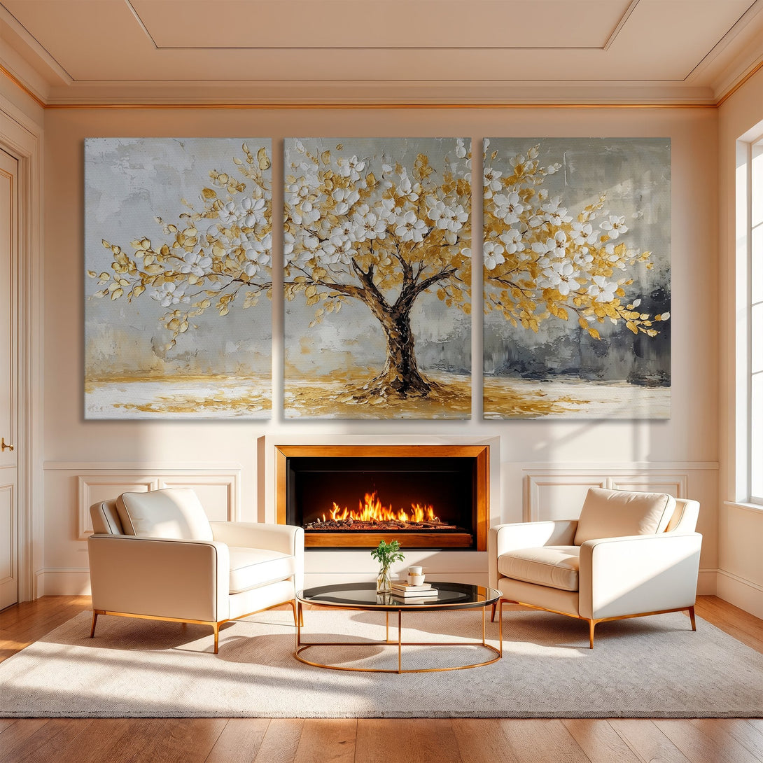 Canvas Print: Abstract tree art in gold and white tones. Modern wall decor for living room. Neutral color palette.