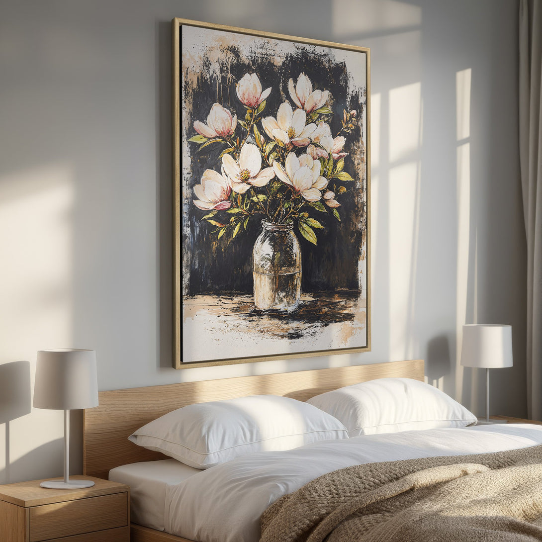 Framed Wall Art: Stunning floral painting in a bedroom. Features a neutral color palette with white, black, and beige tones. Perfect for adding elegance to your space.