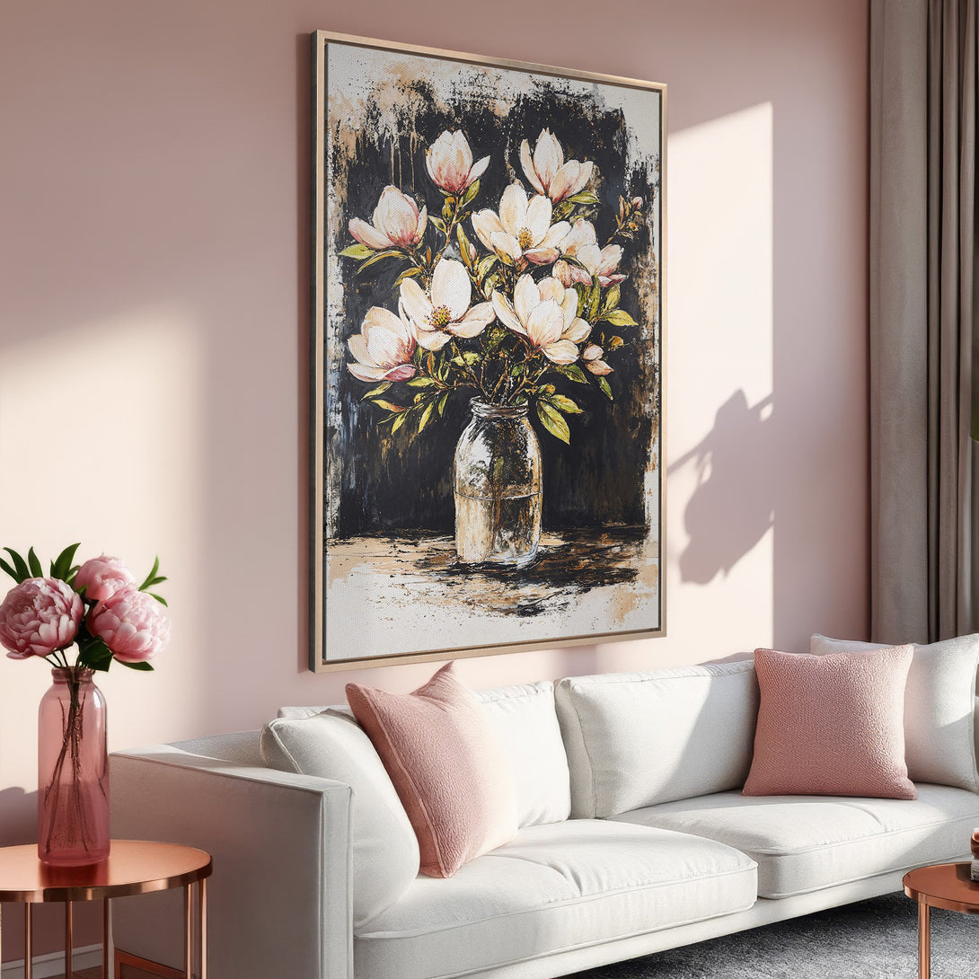 Framed Wall Art featuring a floral still life in a modern, abstract style. Soft pink and neutral color palette, perfect for home decor.