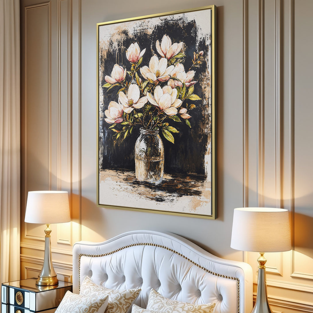Canvas Print featuring a floral still life in a jar. Rustic style with a neutral and warm color palette, perfect for living room decor.