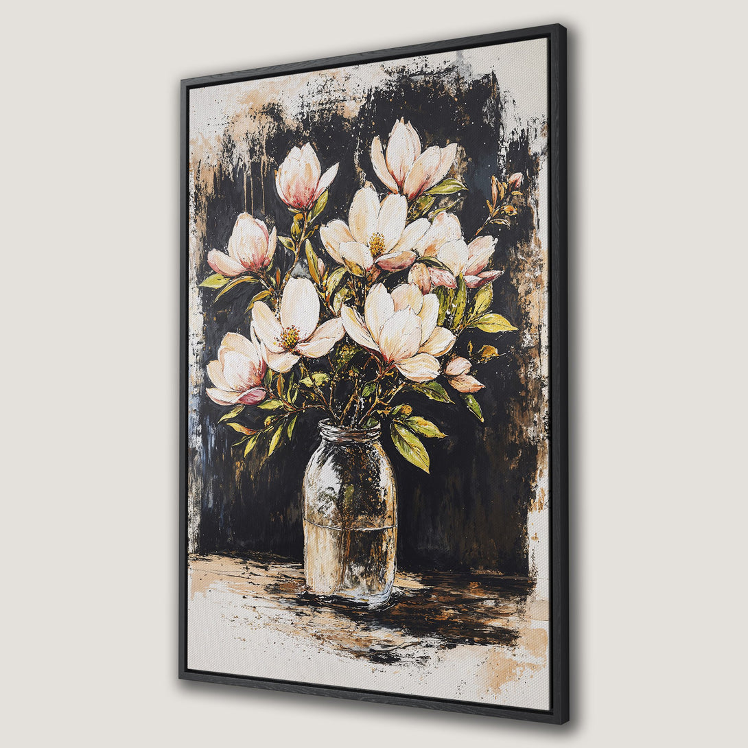 Framed Wall Art: Abstract floral canvas print. Stunning magnolia blossoms in a vase, painted with a dark, moody palette of black, beige, and blush.