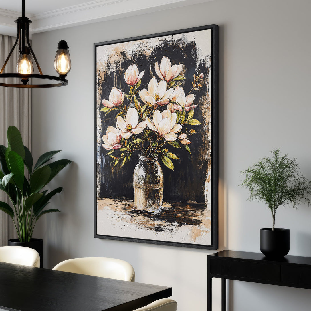 Framed Wall Art: Elegant floral Canvas Print in a modern interior. Features a stunning bouquet with a black, white, and neutral color palette. Perfect for home decor!