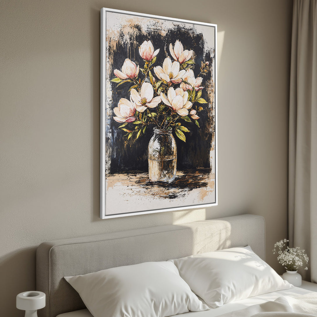 Framed Wall Art: Elegant floral canvas print with a neutral color palette. Adds a touch of sophistication to any bedroom decor.
