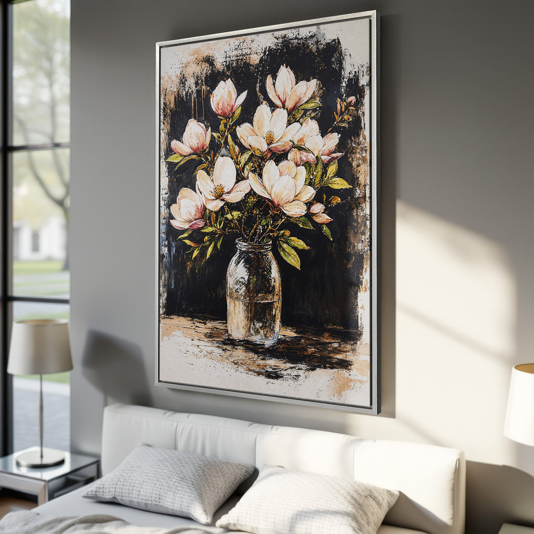 Framed Wall Art featuring a floral still life in a modern, abstract style. Neutral color palette with black, beige, and pink tones. Perfect for bedroom decor.