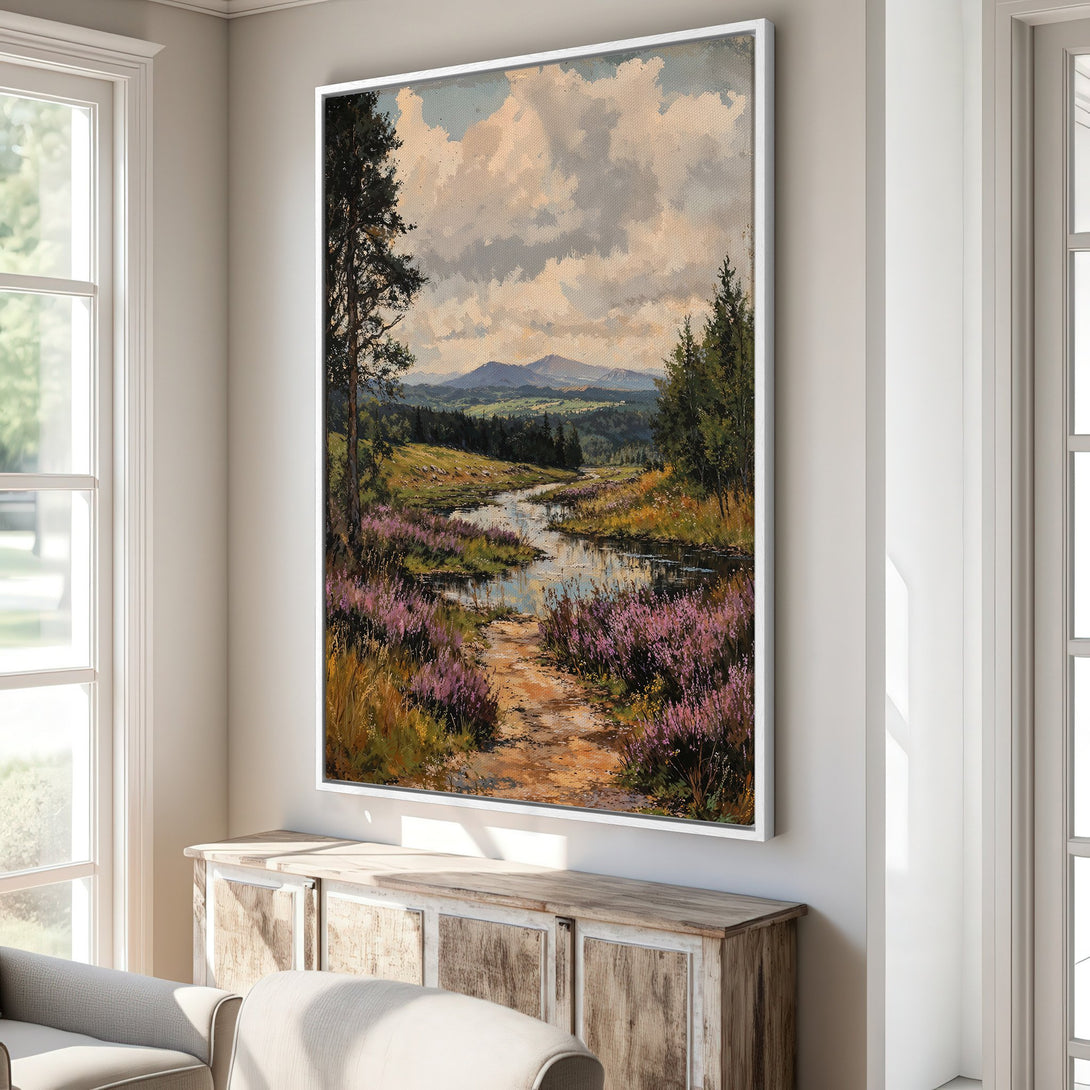Framed Wall Art: Serene landscape Canvas Print with a river scene, featuring a natural color palette of greens, blues, and purples. Perfect for adding tranquility to your home.