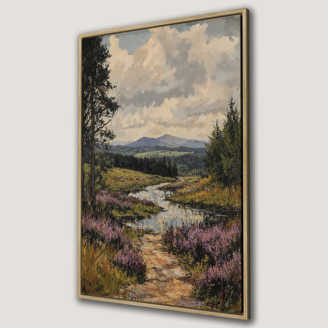 Framed Wall Art: Scenic landscape Canvas Print featuring a river, mountains, and vibrant purple flowers. Warm, earthy tones with a classic, painterly style.