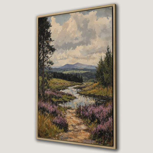 Framed Wall Art: Scenic landscape Canvas Print featuring a river, mountains, and vibrant purple flowers. Warm, earthy tones with a classic, painterly style.