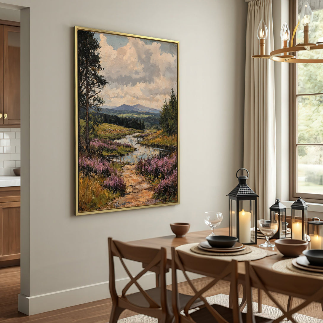 Canvas Print of a landscape painting with a river and purple flowers. Warm, earthy tones and a rustic style.