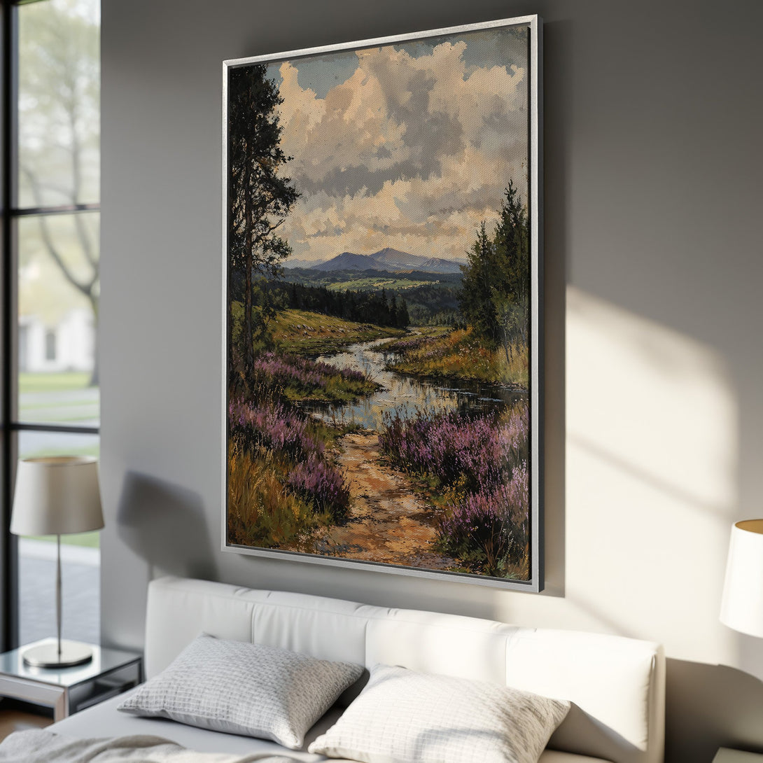 Framed Wall Art: Serene landscape Canvas Print with a river, purple flowers, and mountains in a warm, neutral color palette. Bring nature's beauty indoors!
