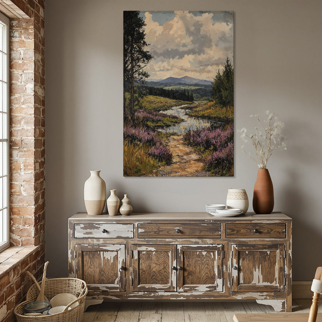 Framed Wall Art: Landscape painting with a river and purple flowers. Earthy tones and a touch of impressionism. Perfect for adding warmth to your home.