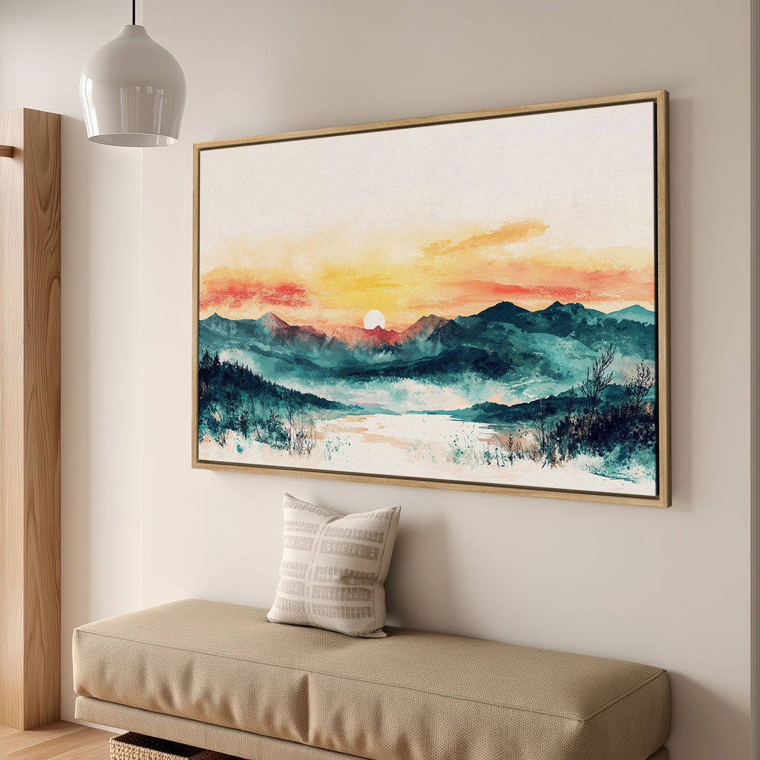 Framed Wall Art: Watercolor mountain landscape Canvas Print with teal, orange, and yellow hues. Perfect for adding serene style to your home decor.